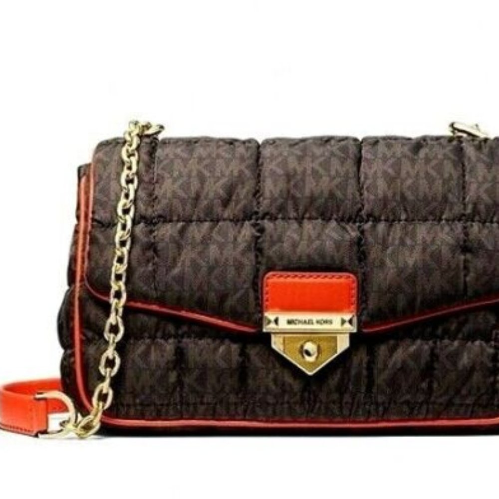 MICHAEL KORS SOHO BROWN LOGO QUILT NYLON CHAIN CROSSBODY SHOULDER BAG NWT!